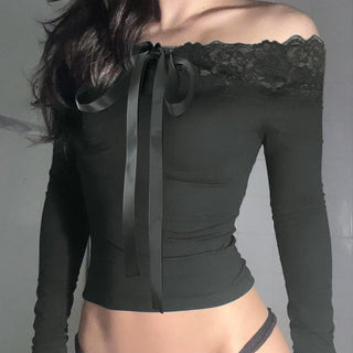 Lace bow tie one-shoulder long-sleeved top