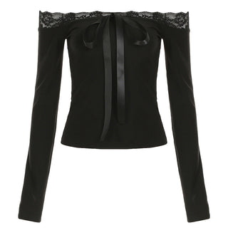 Lace bow tie one-shoulder long-sleeved top
