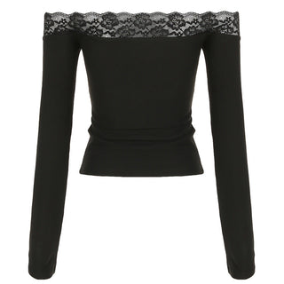 Lace bow tie one-shoulder long-sleeved top