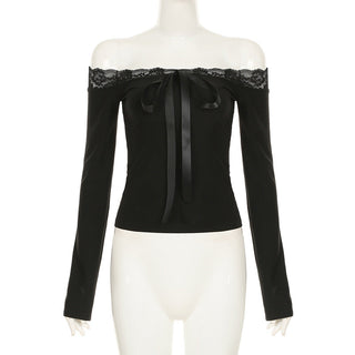 Lace bow tie one-shoulder long-sleeved top