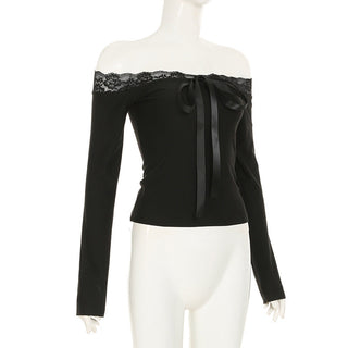 Lace bow tie one-shoulder long-sleeved top
