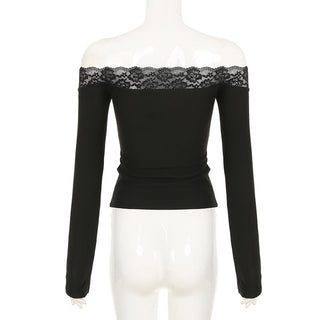 Lace bow tie one-shoulder long-sleeved top