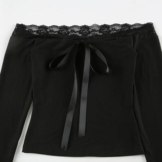 Lace bow tie one-shoulder long-sleeved top