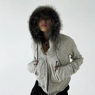 Asymmetric fur hooded zipper