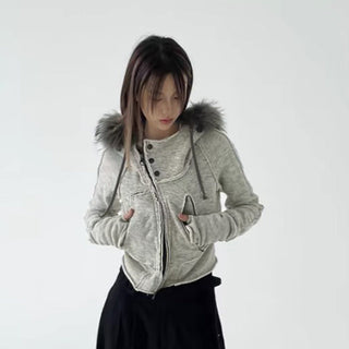 Asymmetric fur hooded zipper
