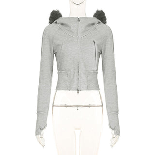 Asymmetric fur hooded zipper