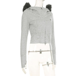 Asymmetric fur hooded zipper