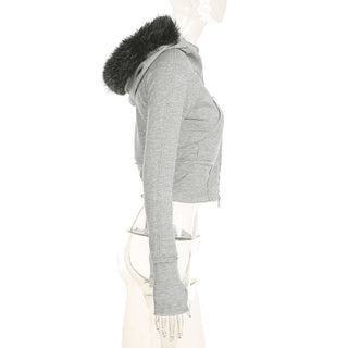Asymmetric fur hooded zipper