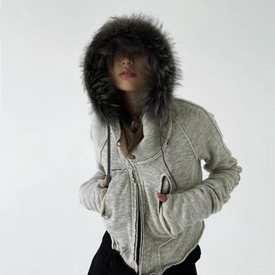 Asymmetric fur hooded zipper