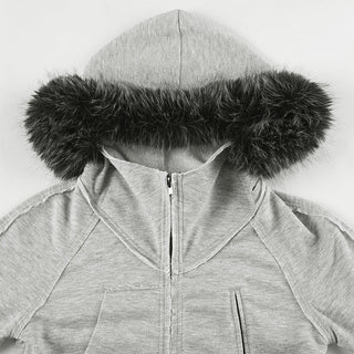 Asymmetric fur hooded zipper