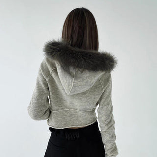 Asymmetric fur hooded zipper