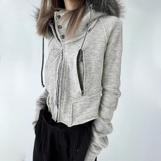 Asymmetric fur hooded zipper