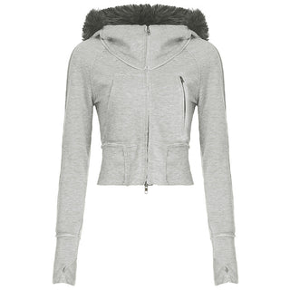 Asymmetric fur hooded zipper