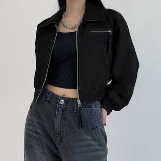 Crop square collar PU Leather jacket
