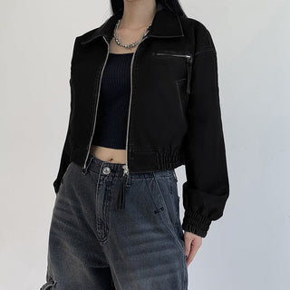 Crop square collar PU Leather jacket
