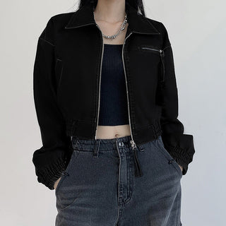 Crop square collar PU Leather jacket