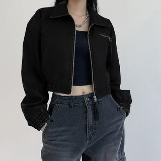 Crop square collar PU Leather jacket