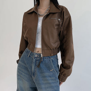 Crop square collar PU Leather jacket