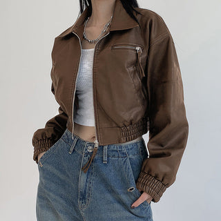 Crop square collar PU Leather jacket