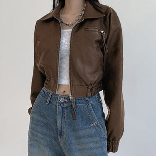 Crop square collar PU Leather jacket