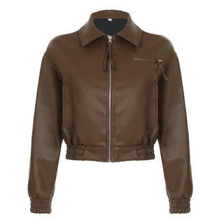 Crop square collar PU Leather jacket