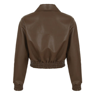 Crop square collar PU Leather jacket