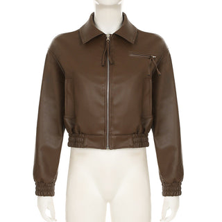 Crop square collar PU Leather jacket