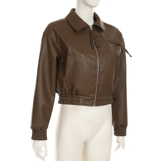 Crop square collar PU Leather jacket