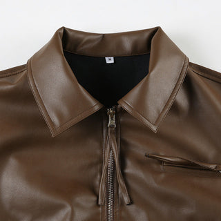 Crop square collar PU Leather jacket