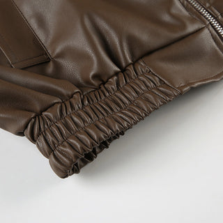 Crop square collar PU Leather jacket