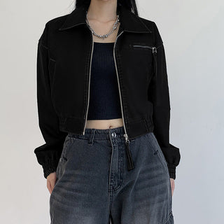 Crop square collar PU Leather jacket