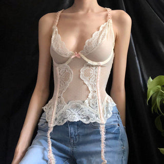 Deep V-neck lace camisole backless top