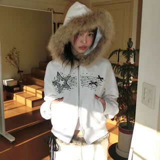 Y2K Diamond fur hooded zipper