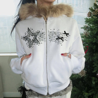 Y2K Diamond fur hooded zipper