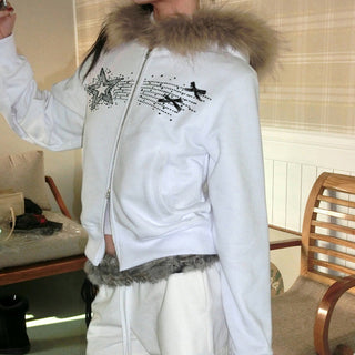 Y2K Diamond fur hooded zipper