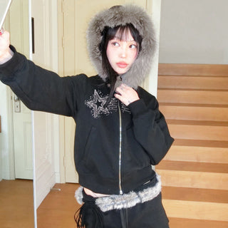 Y2K Diamond fur hooded zipper