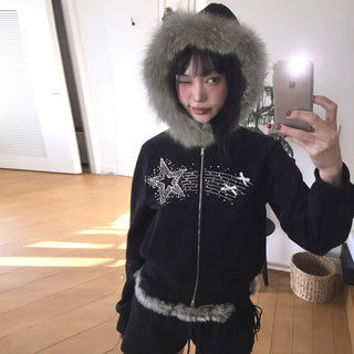 Y2K Diamond fur hooded zipper