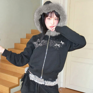 Y2K Diamond fur hooded zipper