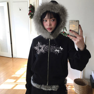 Y2K Diamond fur hooded zipper