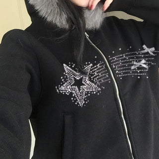 Y2K Diamond fur hooded zipper