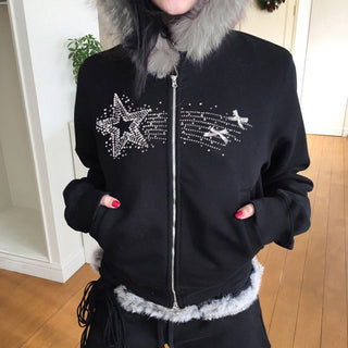Y2K Diamond fur hooded zipper