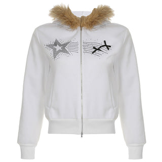 Y2K Diamond fur hooded zipper