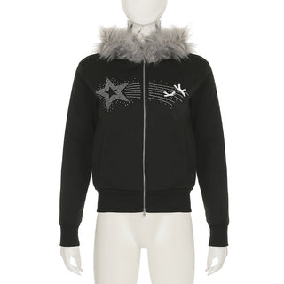 Y2K Diamond fur hooded zipper