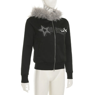 Y2K Diamond fur hooded zipper