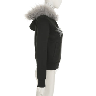 Y2K Diamond fur hooded zipper