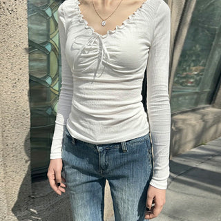 Pleated V-neck long-sleeved top