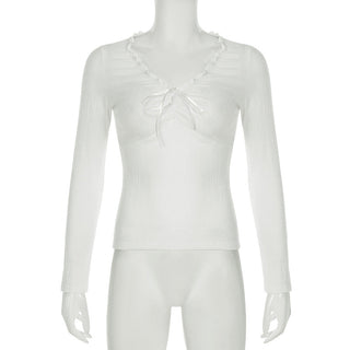 Pleated V-neck long-sleeved top