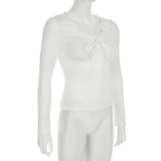 Pleated V-neck long-sleeved top