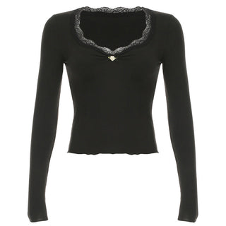 Lace Edge V-neck Long Sleeve top