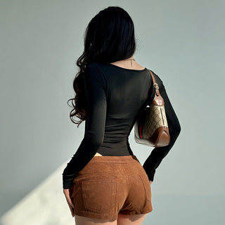 Lace edge square collar long-sleeved top